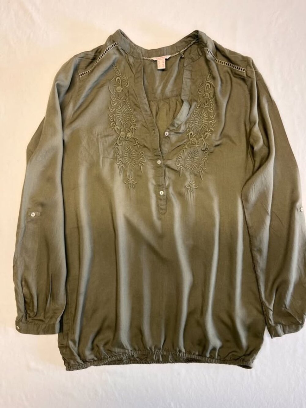Esprit Olive Green Embroidered Boho Peasant Blouse Roll Tab - Size 6